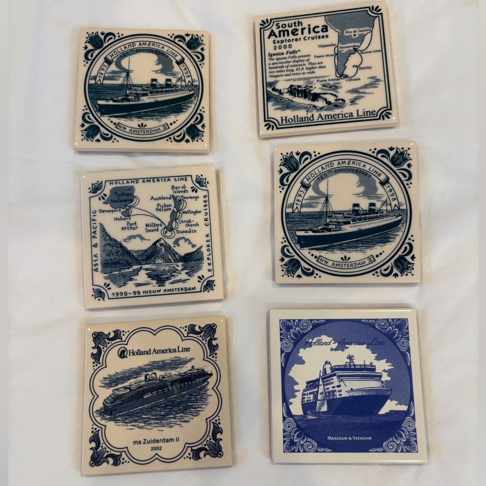Set of six vintage Holland America Line 4” square ceramic cork-backed coasters